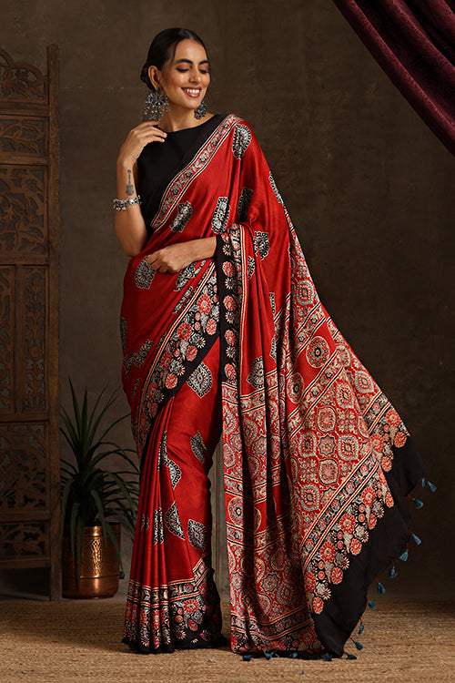 Jahangir Khatri - Red Ajrakh Modal Saree - 009