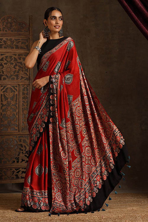 Jahangir Khatri Handblock Print Red Ajrakh Modal Saree Online 009