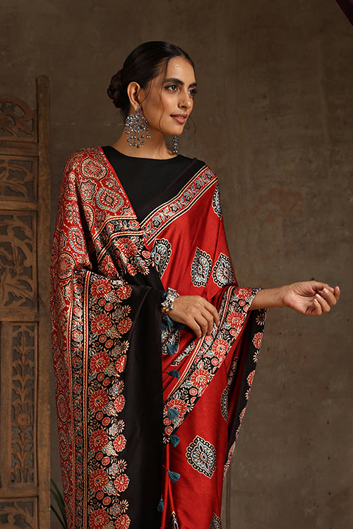 Jahangir Khatri Handblock Print Red Ajrakh Modal Saree Online 009