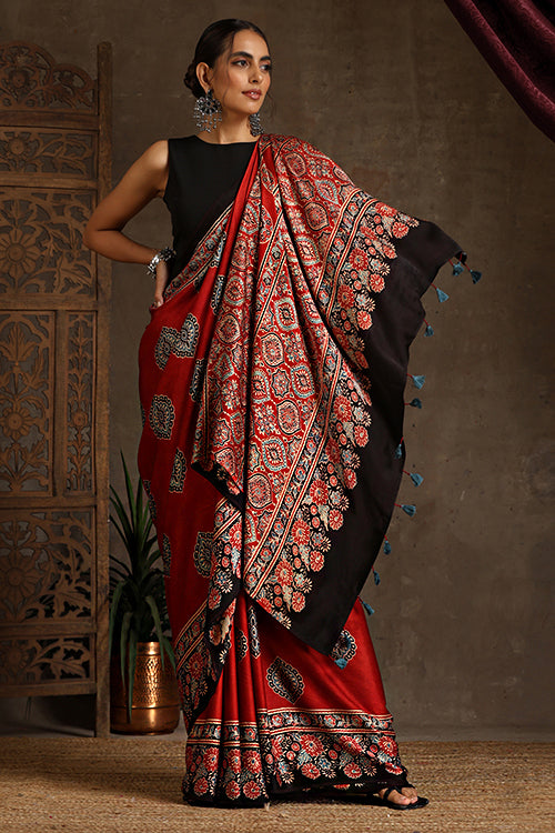 Jahangir Khatri - Red Ajrakh Modal Saree - 009