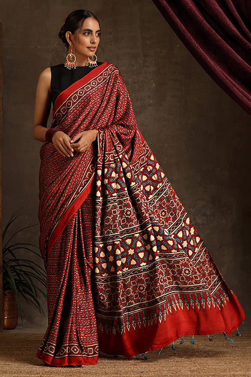Tenaaro Ajrakh Hand Block Printed Modal Sik Saree (Red-11)