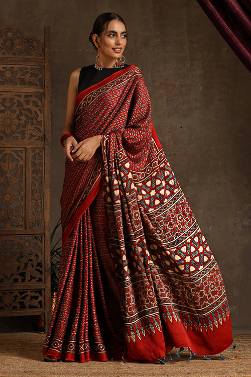 Tenaaro Ajrakh Hand Block Printed Modal Sik Saree (Red-11)