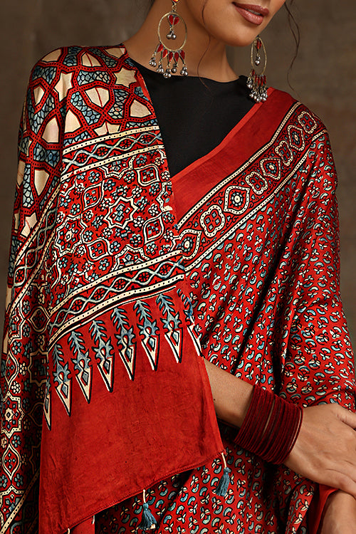 Tenaaro Ajrakh Hand Block Printed Modal Sik Saree (Red-11)