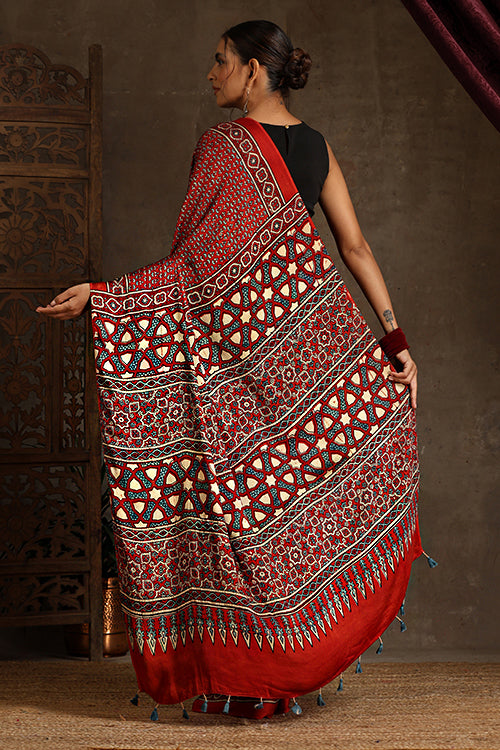 Tenaaro Ajrakh Hand Block Printed Modal Sik Saree (Red-11)