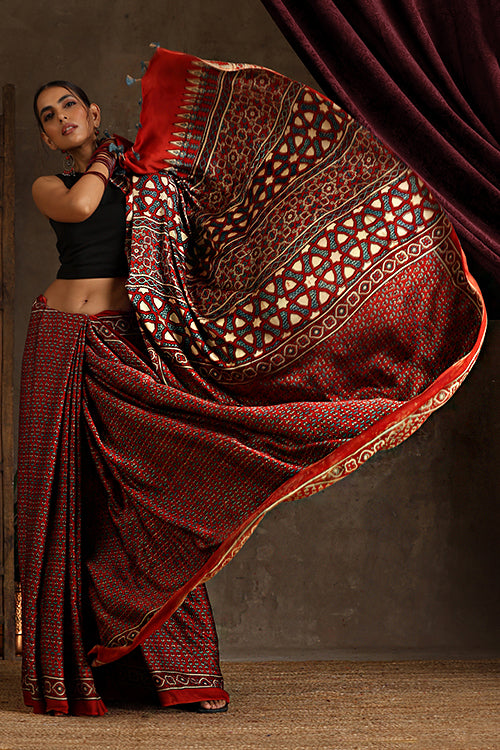 Tenaaro Ajrakh Hand Block Printed Modal Sik Saree (Red-11)