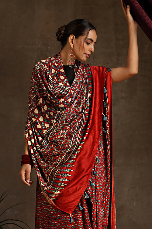Tenaaro Ajrakh Hand Block Printed Modal Sik Saree (Red-11)