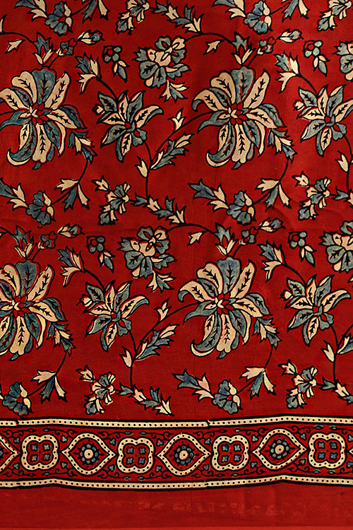 Tenaaro Ajrakh Hand Block Printed Modal Sik Saree (Red-11)