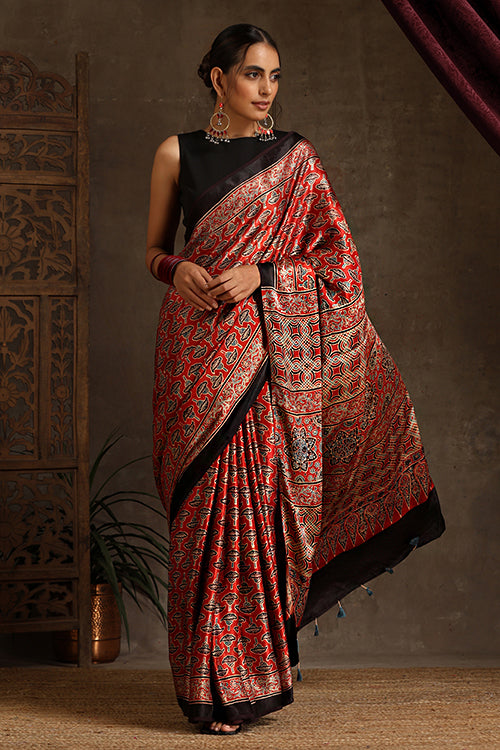 Tenaaro Ajrakh Hand Block Printed  Modal Sik Saree (Red-10)