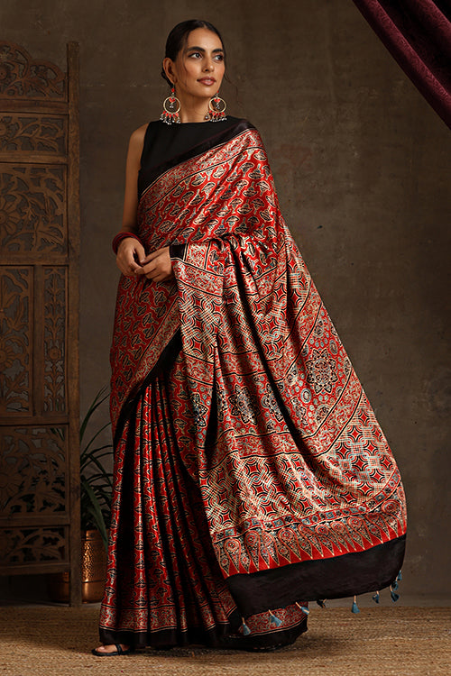 Tenaaro Ajrakh Hand Block Printed  Modal Sik Saree (Red-10)