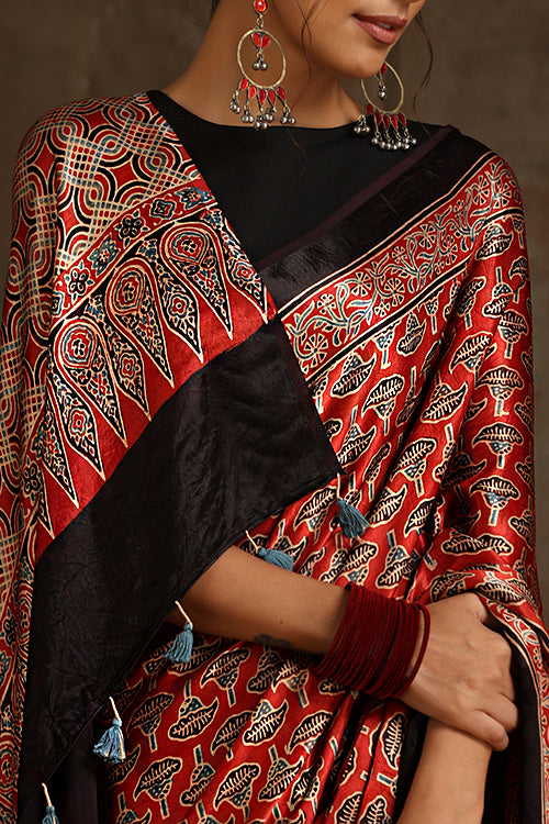 Tenaaro Ajrakh Hand Block Printed  Modal Sik Saree (Red-10)