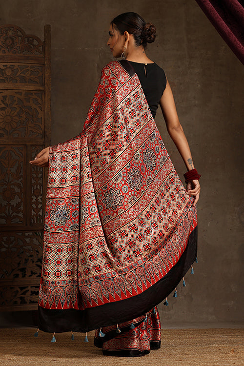 Tenaaro Ajrakh Hand Block Printed  Modal Sik Saree (Red-10)