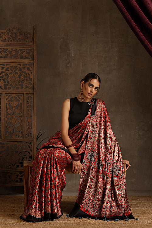 Tenaaro Ajrakh Hand Block Printed  Modal Sik Saree (Red-10)