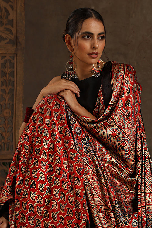 Tenaaro Ajrakh Hand Block Printed  Modal Sik Saree (Red-10)