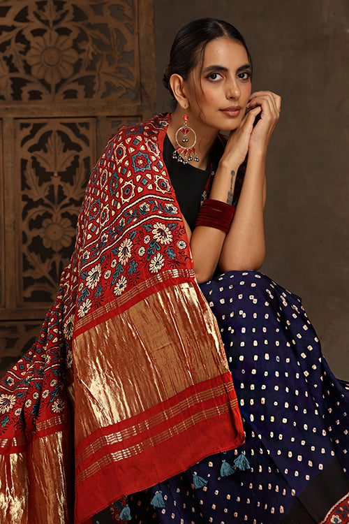 Jahangir Khatri - Red & Navy Blue Ajrakh & Bandhani Modal Tissue Saree - 014
