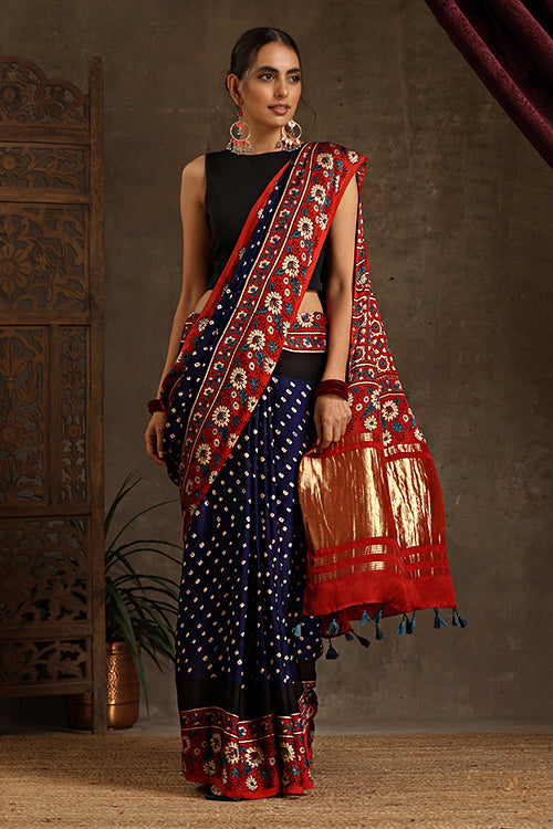 Jahangir Khatri - Red & Navy Blue Ajrakh & Bandhani Modal Tissue Saree - 014