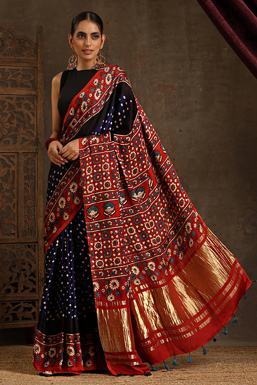 Jahangir Khatri Block Print Red & Navy Blue Ajrakh Saree Online