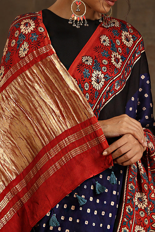 Jahangir Khatri - Red & Navy Blue Ajrakh & Bandhani Modal Tissue Saree - 014
