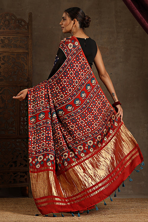 Jahangir Khatri Block Print Red & Navy Blue Ajrakh Saree Online