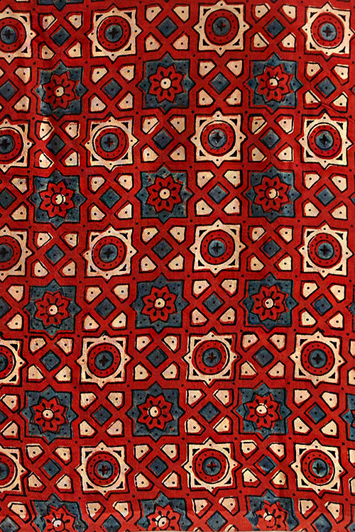 Jahangir Khatri - Red & Navy Blue Ajrakh & Bandhani Modal Tissue Saree - 014