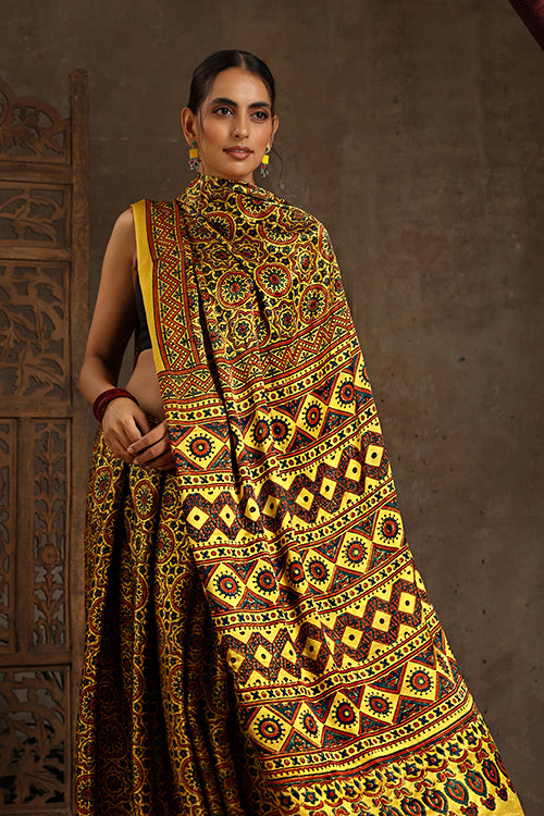 Riyaz Khatri Traditional Ajrakh Hand Block Printed And Natural Dye Modal Silk Saree With Beautiful Tassels