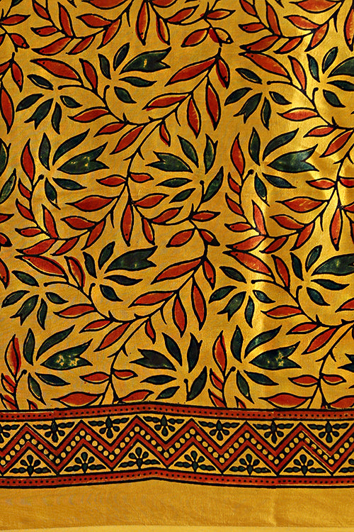 Tenaaro Ajrakh Hand Block Printed  Modal Sik Saree (Yellow-9)