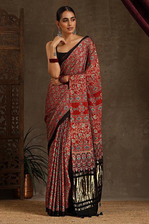 Jahangir Khatri Handblock Print Red Ajrakh Modal Saree Online 010