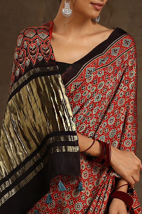Jahangir Khatri-Traditional Ajrakh Hand Block Printed & Natural Dyed Tissue Pallu Modal Saree With Tassels