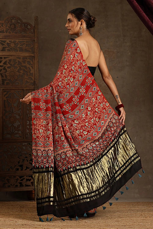 Jahangir Khatri - Red Ajrakh Modal Tissue Saree