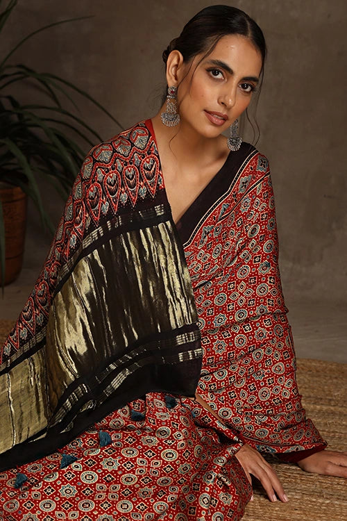 Jahangir Khatri - Red Ajrakh Modal Tissue Saree