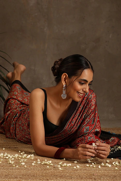 Jahangir Khatri - Red Ajrakh Modal Tissue Saree