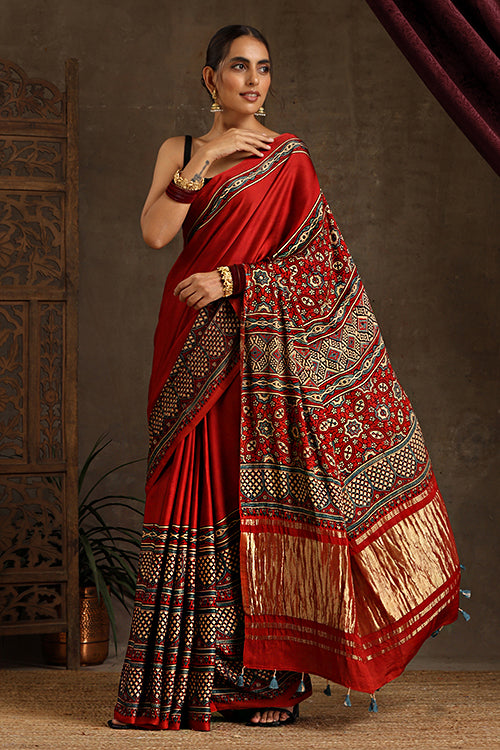 Tenaaro Traditional Ajrakh Hand Block Printed And Natural Dye Modal Silk Tissue Pallu Saree With Beautiful Tassels