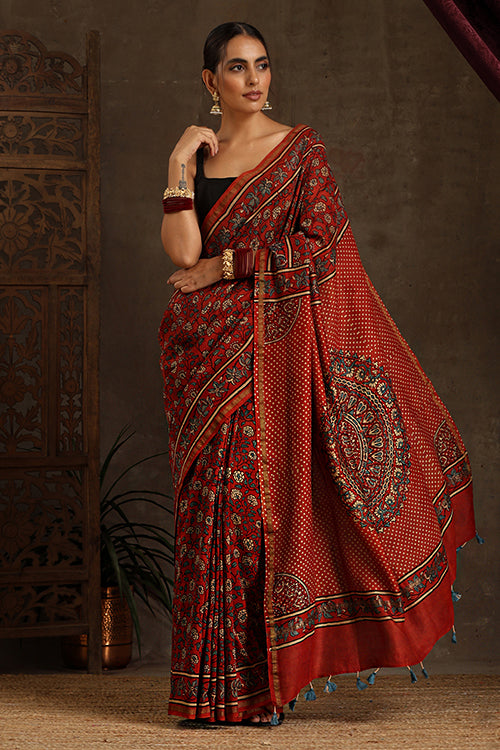 Tenaaro Ajrakh Hand Block Printed  Chanderi Silk Saree (Red-2)