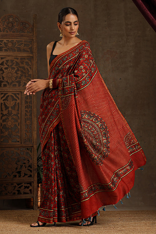 Tenaaro Ajrakh Hand Block Printed  Chanderi Silk Saree (Red-2)