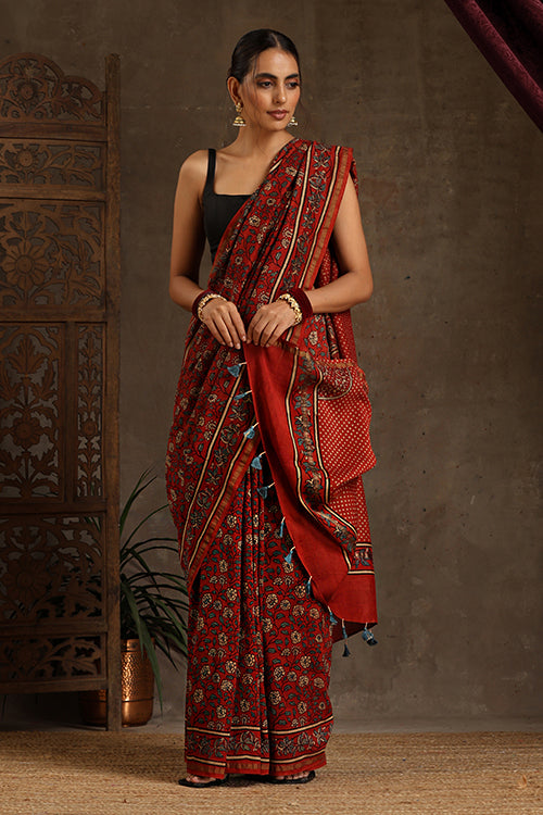 Tenaaro Ajrakh Hand Block Printed  Chanderi Silk Saree (Red-2)