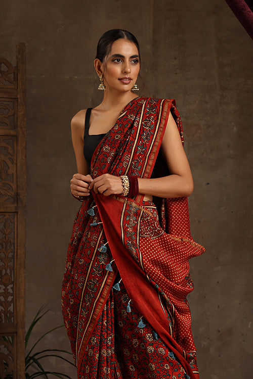 Tenaaro Ajrakh Hand Block Printed  Chanderi Silk Saree (Red-2)