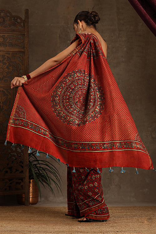 Tenaaro Ajrakh Hand Block Printed  Chanderi Silk Saree (Red-2)