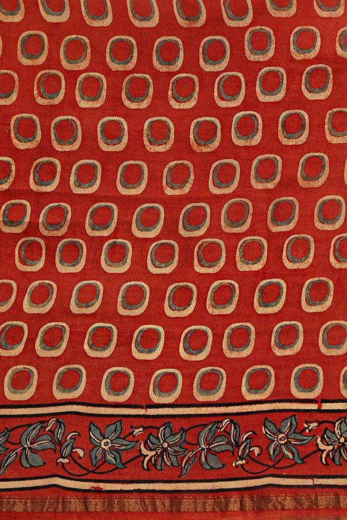 Tenaaro Ajrakh Hand Block Printed  Chanderi Silk Saree (Red-2)