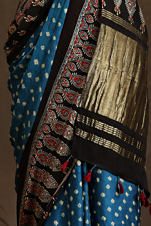 Jahangir Khatri - Black & Sky Blue Ajrakh With Bandhani Modal Tissue Saree - 016
