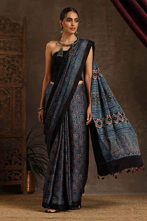 Tenaaro Ajrakh Hand Block Printed  Modal Sik Saree (Indigoblue-7)