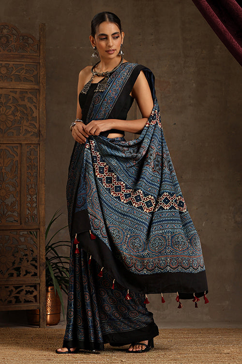 Tenaaro Ajrakh Hand Block Printed  Modal Sik Saree (Indigoblue-7)