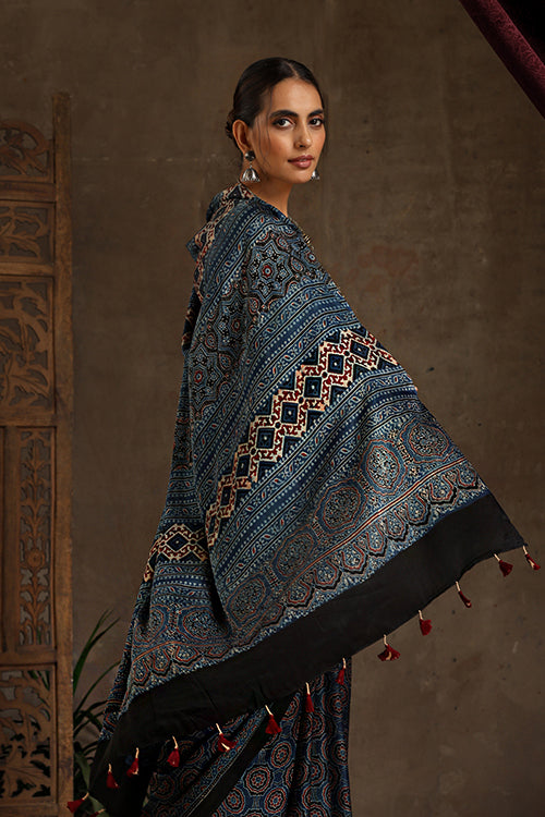 Tenaaro Ajrakh Hand Block Printed Modal Sik Saree (Indigoblue-7)