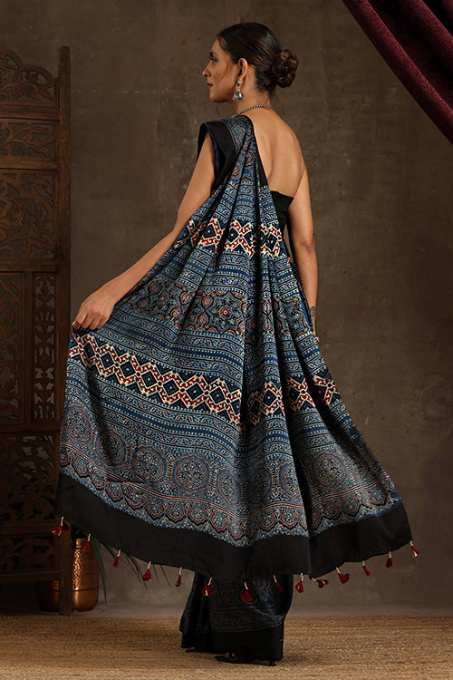 Tenaaro Ajrakh Hand Block Printed  Modal Sik Saree (Indigoblue-7)