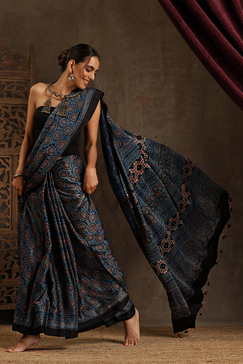 Tenaaro Ajrakh Hand Block Printed Modal Sik Saree (Indigoblue-7)