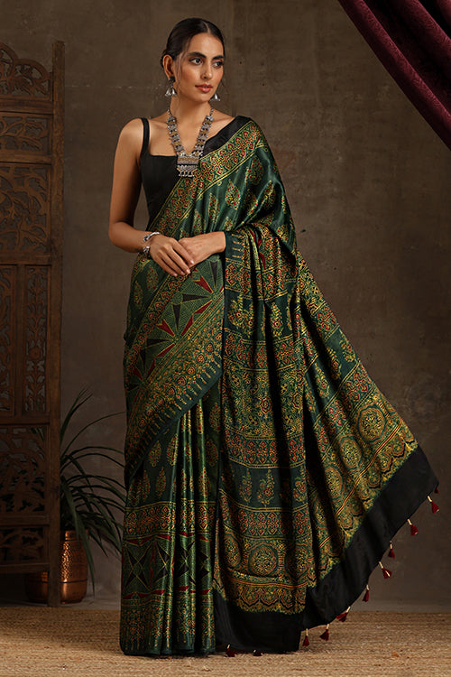 Tenaaro Ajrakh Hand Block Printed  Modal Sik Saree (Green-8)