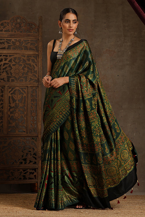 Tenaaro Ajrakh Hand Block Printed  Modal Sik Saree (Green-8)