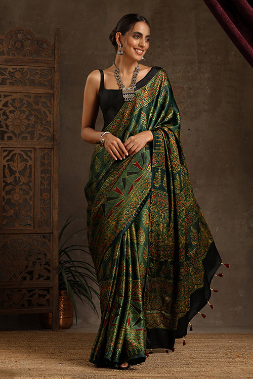 Tenaaro Ajrakh Hand Block Printed  Modal Sik Saree (Green-8)