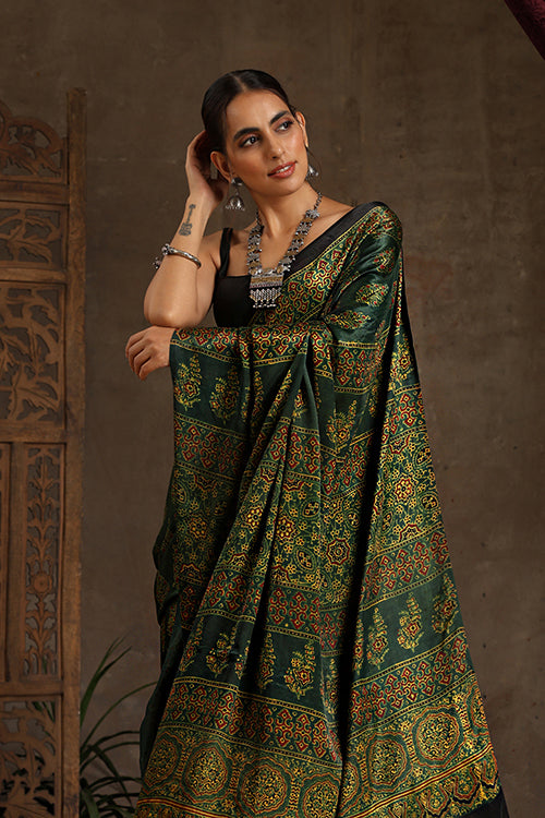 Tenaaro Ajrakh Hand Block Printed  Modal Sik Saree (Green-8)