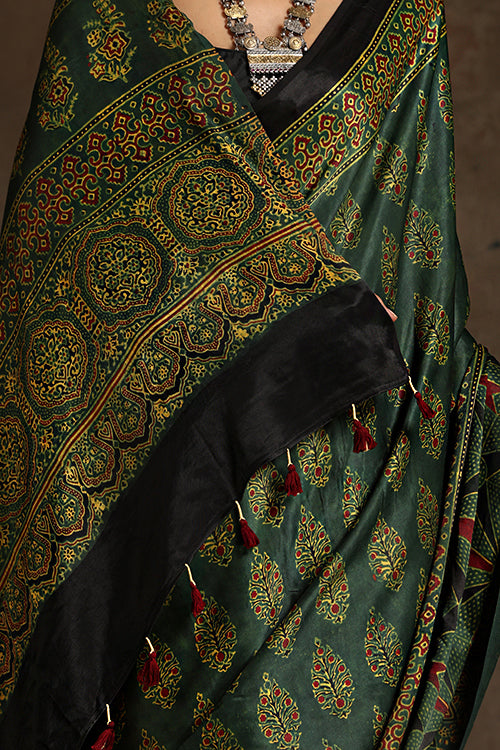 Tenaaro Ajrakh Hand Block Printed  Modal Sik Saree (Green-8)