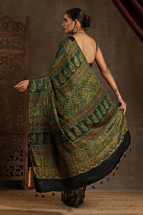 Tenaaro Ajrakh Hand Block Printed  Modal Sik Saree (Green-8)