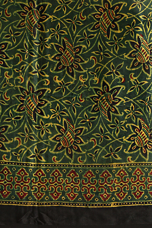 Tenaaro Ajrakh Hand Block Printed  Modal Sik Saree (Green-8)
